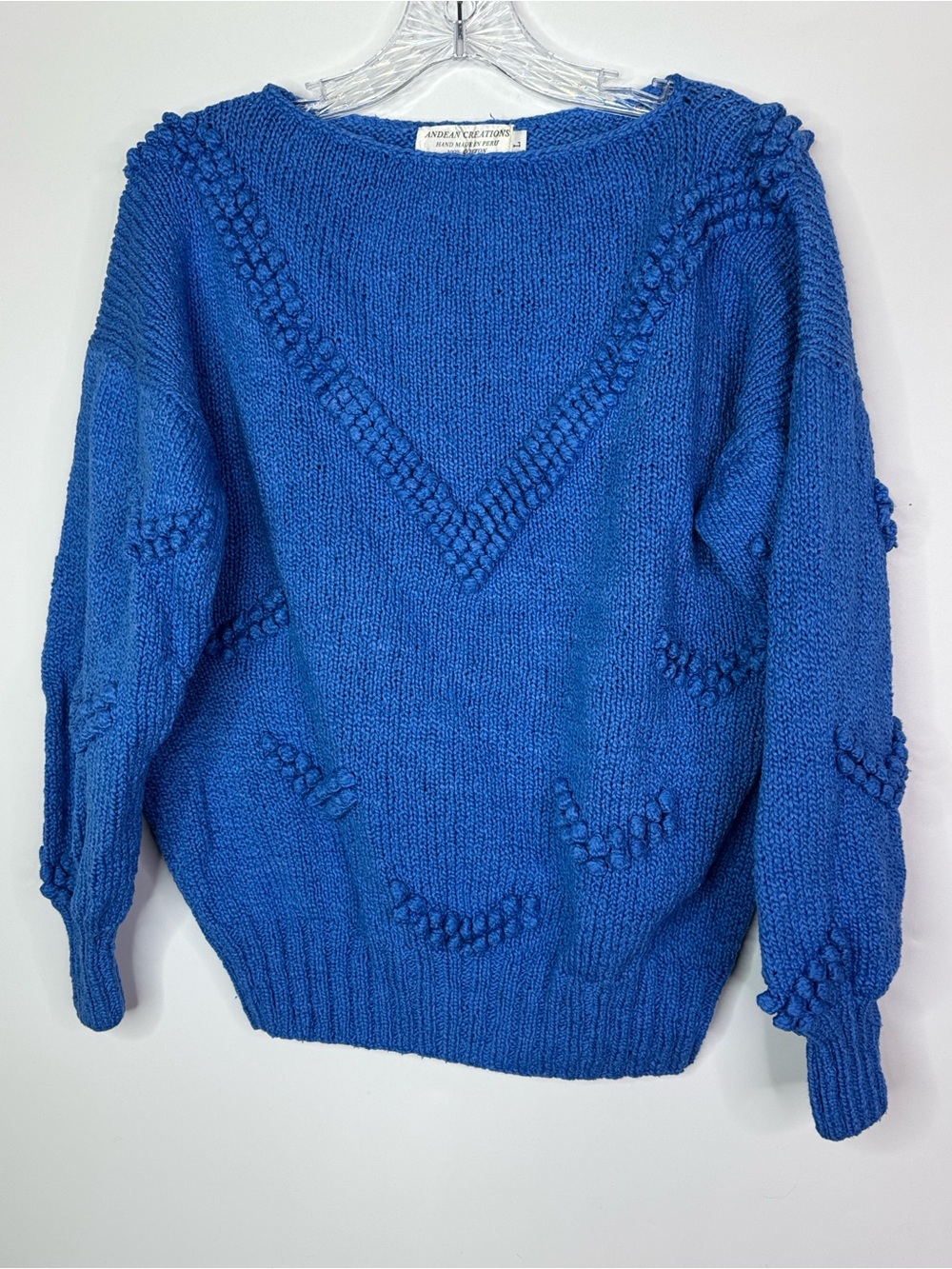 Vintage Andean Creations Blue Cotton Peruvian Bobble Stitch Sweater Size Large